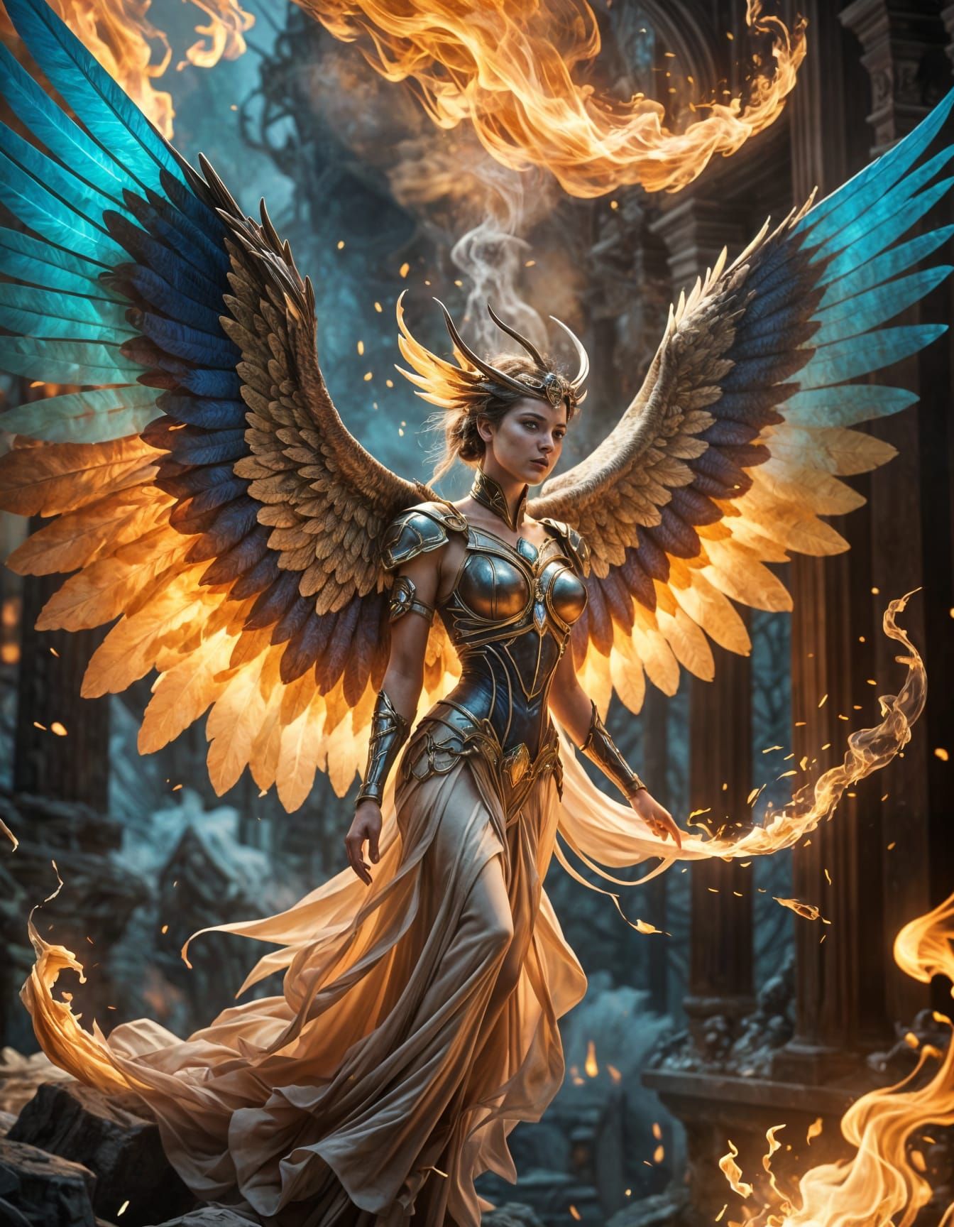 Surreal Floating Winged Entity Emitting Flames