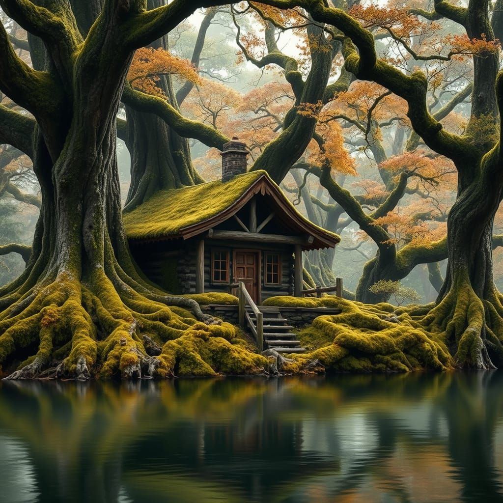 Moss-Covered Cabin Amidst Ancient Trees and Lake Reflections