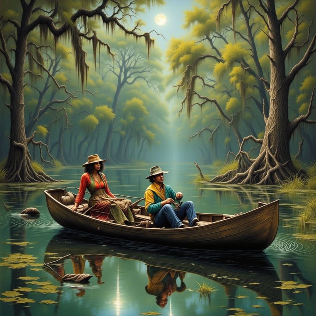 Cat in a Dreamlike Bayou Landscape