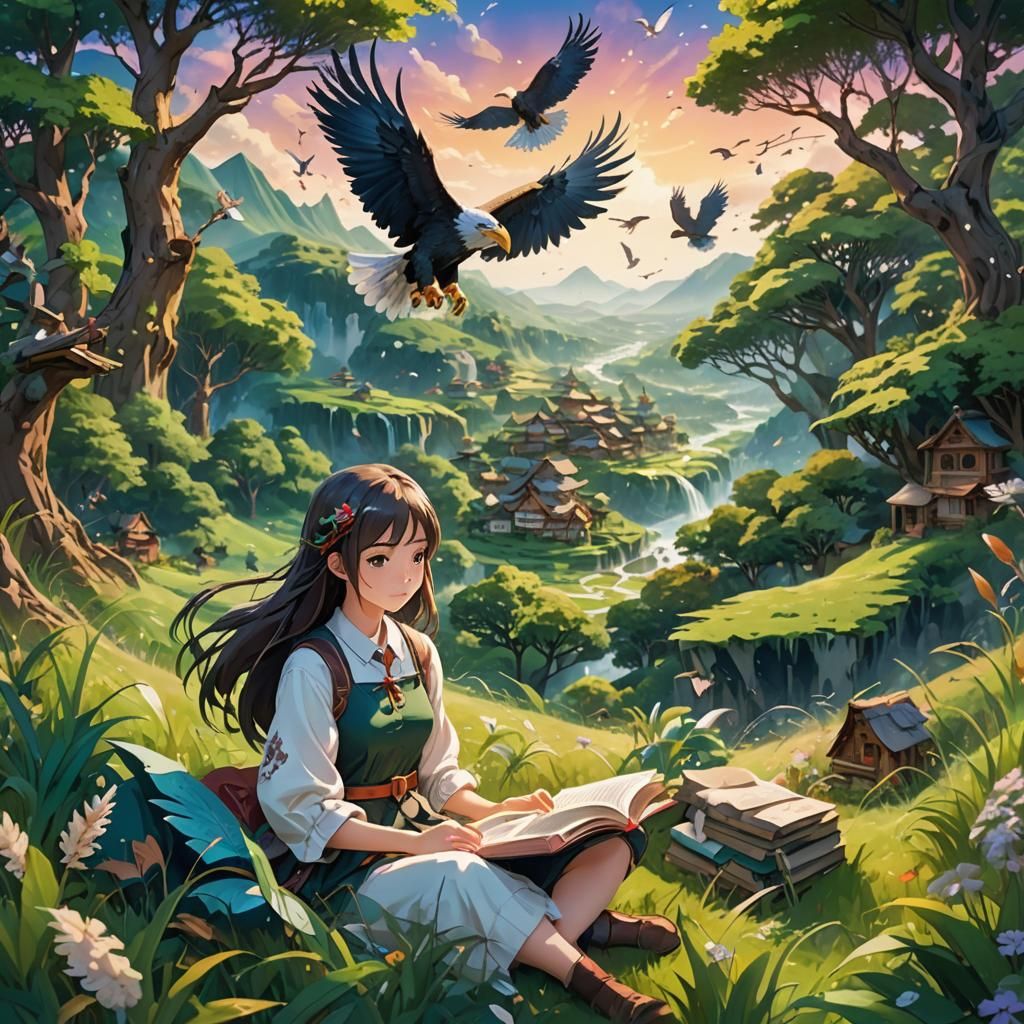 Anime Girl Reading Book in Lush Field