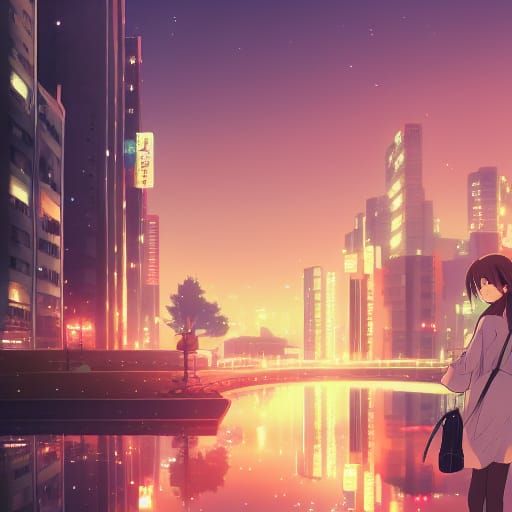 Anime Girl in City Nightscape, Makoto Shinkai Style