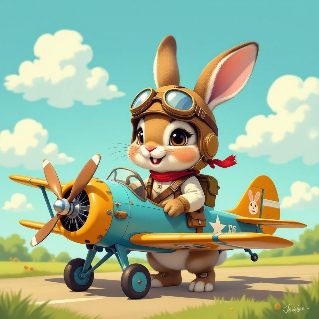 Whimsical Rabbit Pilot Beside Steampunk Biplane