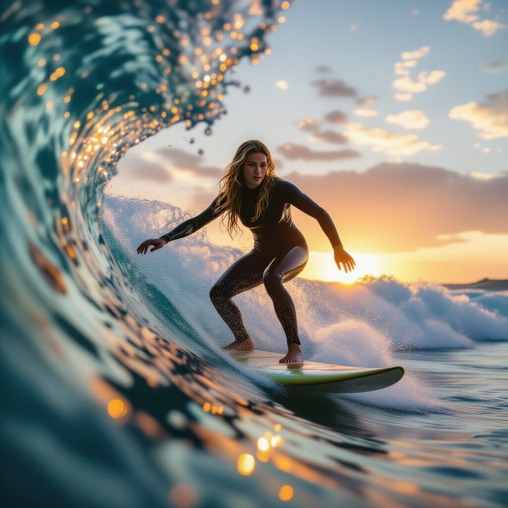 Sunset Surf: Girl Rides Tube in Cinematic Style