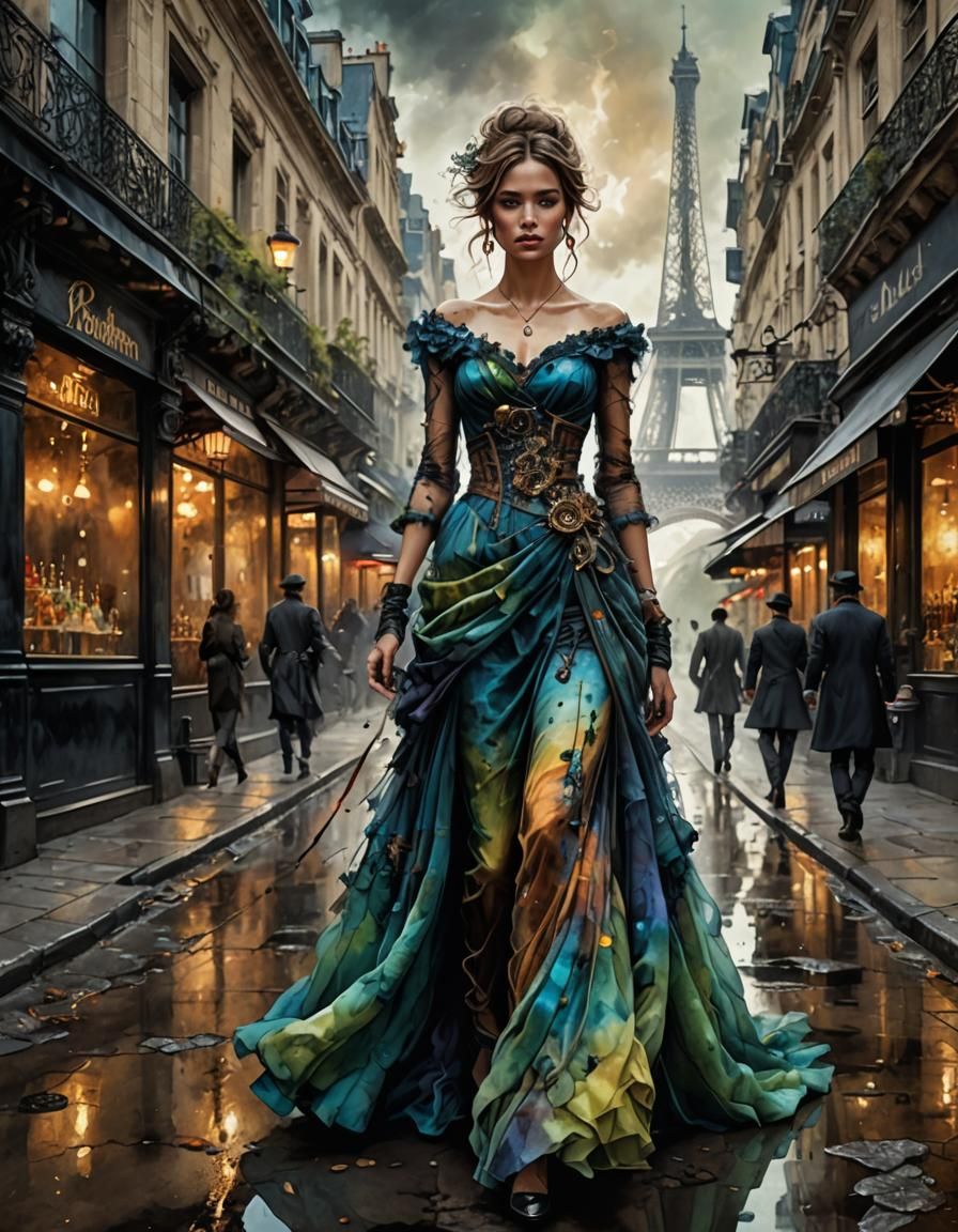 Woman in Paris Street as Steampunk Alcohol Ink Art