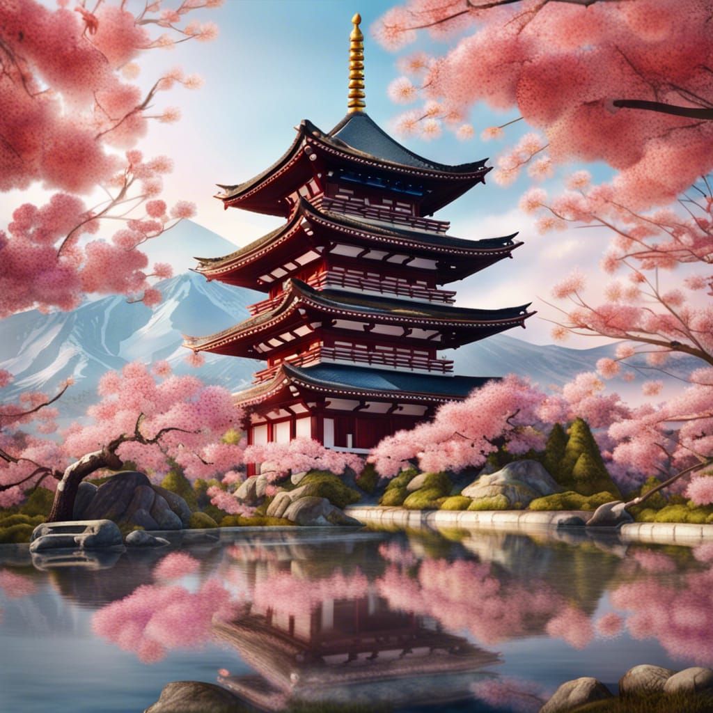 Japanese Temple in Cherry Blossom Garden: Graffiti Art