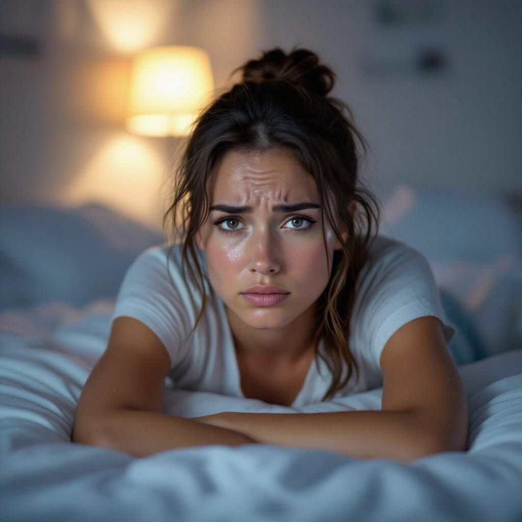 Woman's Distress on Bed in Modern Room