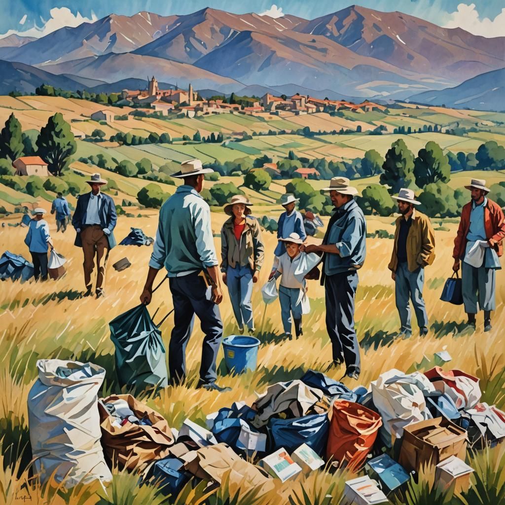 Family Collects Waste in French Grassland: Gouache Impressio...