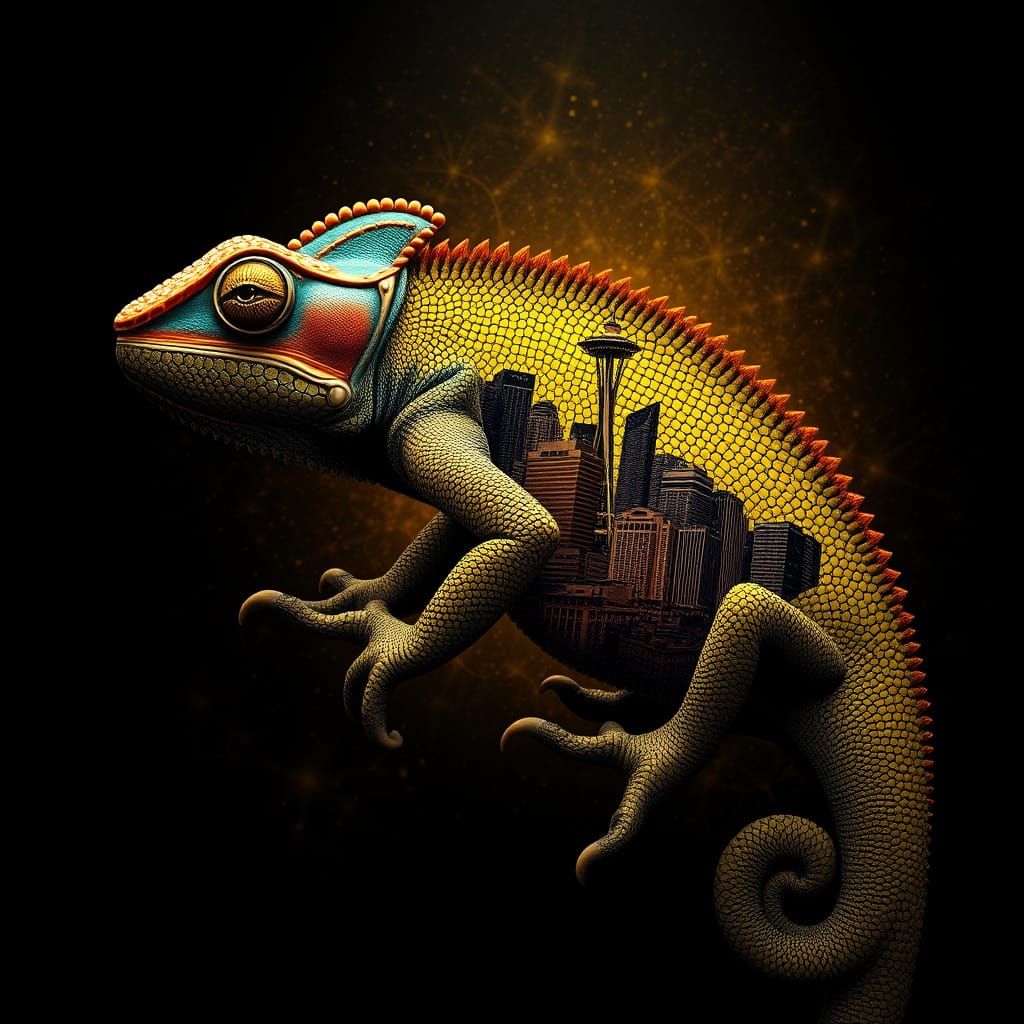Seattle Cityscape Emerges from a Majestic Chameleon's Silhou...