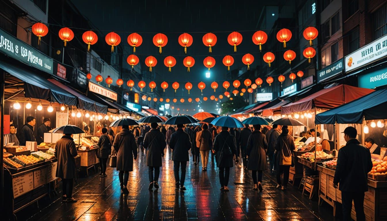 Vibrant Night Market Scene under Starry Skies