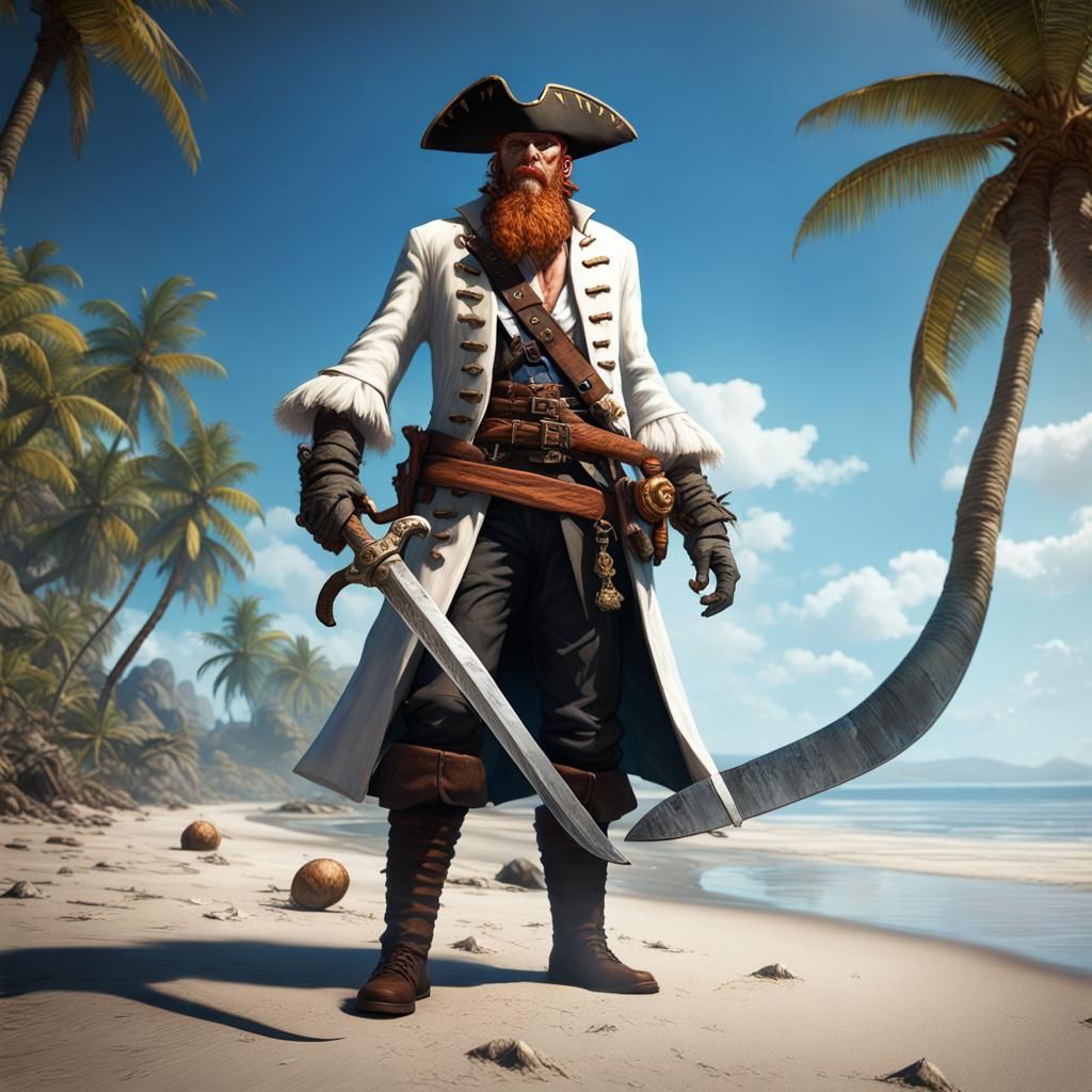 Pirate with Sword on Beach, Dark Fantasy Art