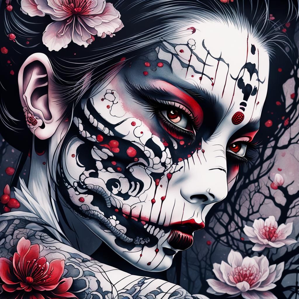 Gothic Geisha with Tattoos in Oil Painting Style