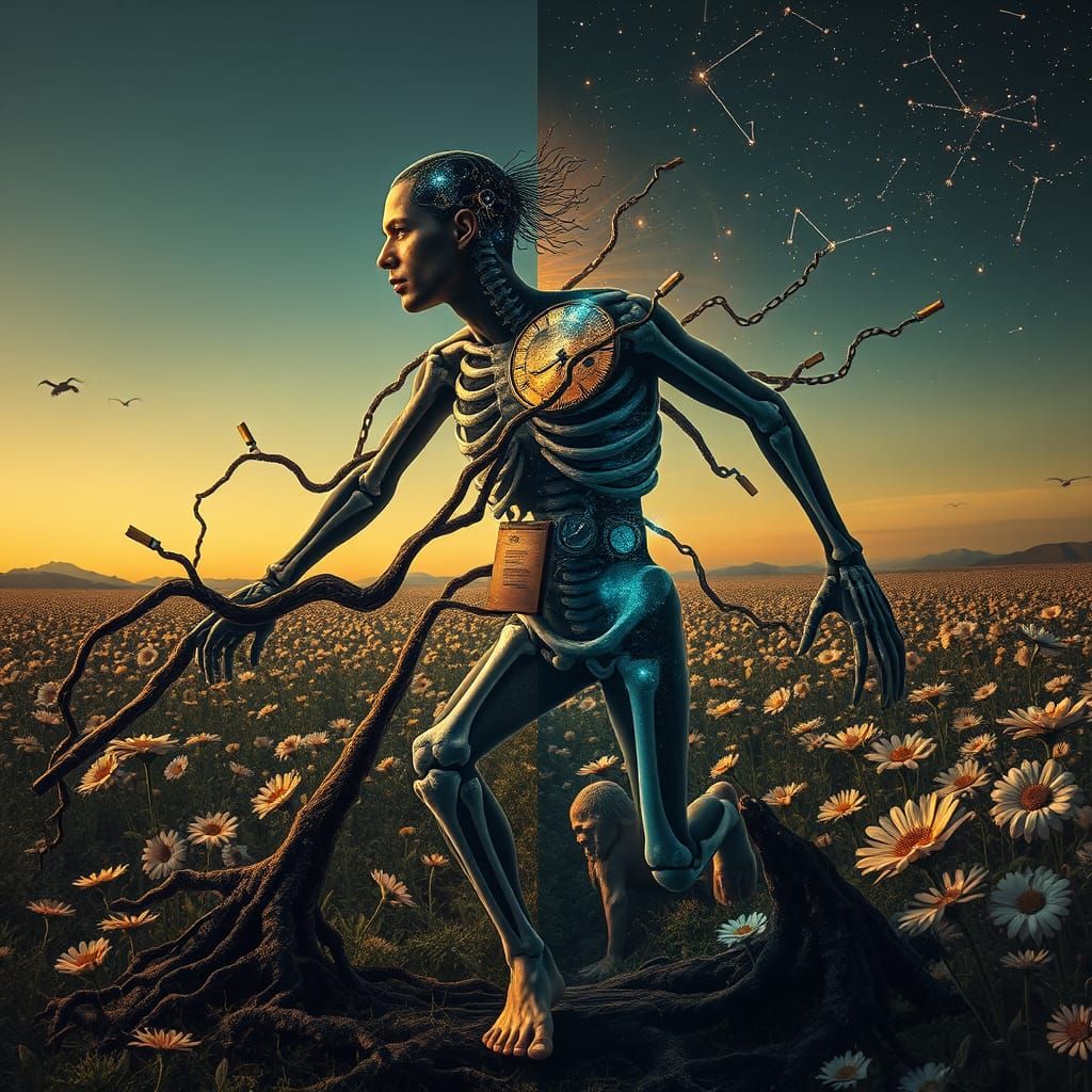 Man in Profile, Divided by Symbolic Halves, Confronts Infini...