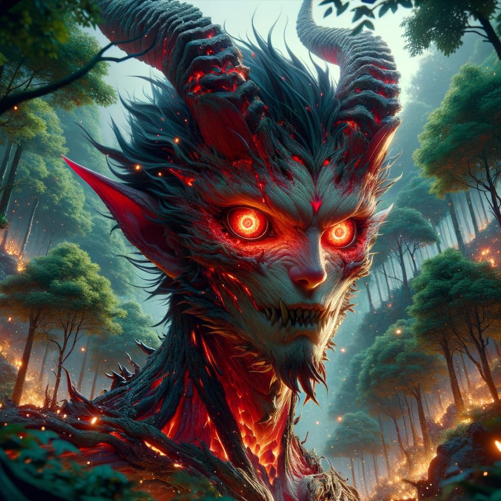 Vibrant Fantastical Demon in Forest, 3D Anime Style