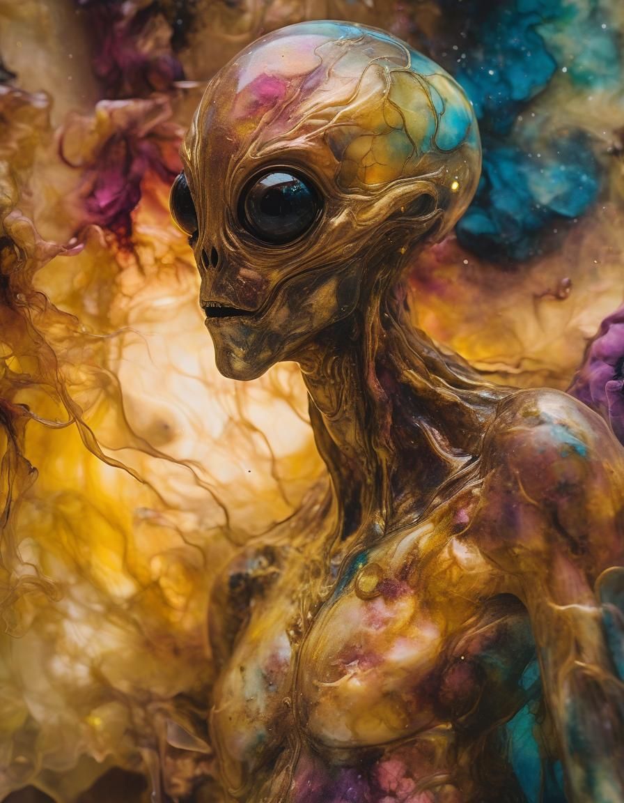 Nebula Alien Emerges from Distressed Photo in Alcohol Ink