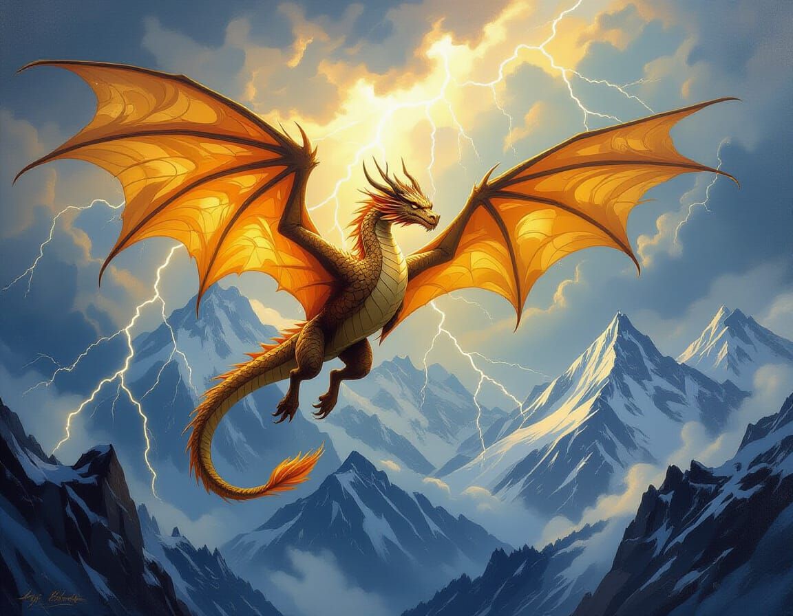 Golden Dragon Soaring Through Stormy Skies
