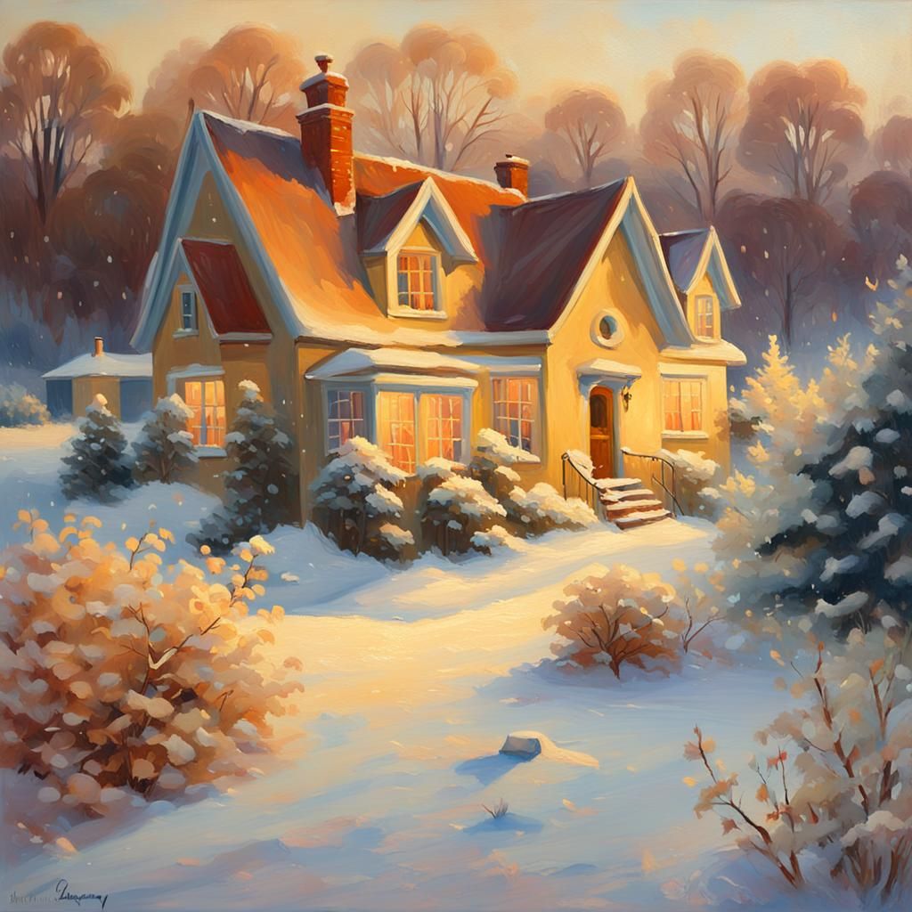 Idyllic Snow Scene: Impressionist House and Garden
