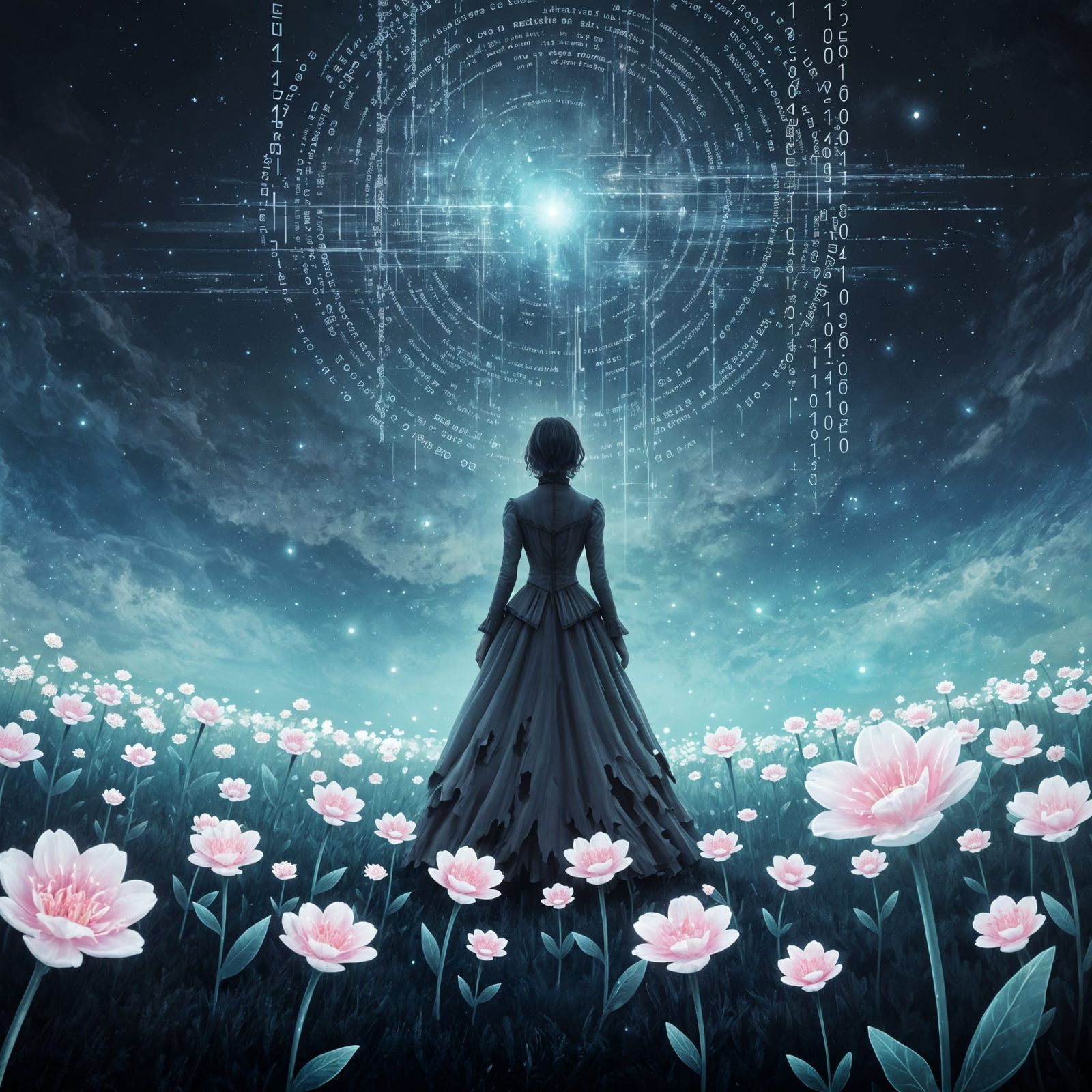 Victorian Figure in Digital Nebula with Crystal Flowers