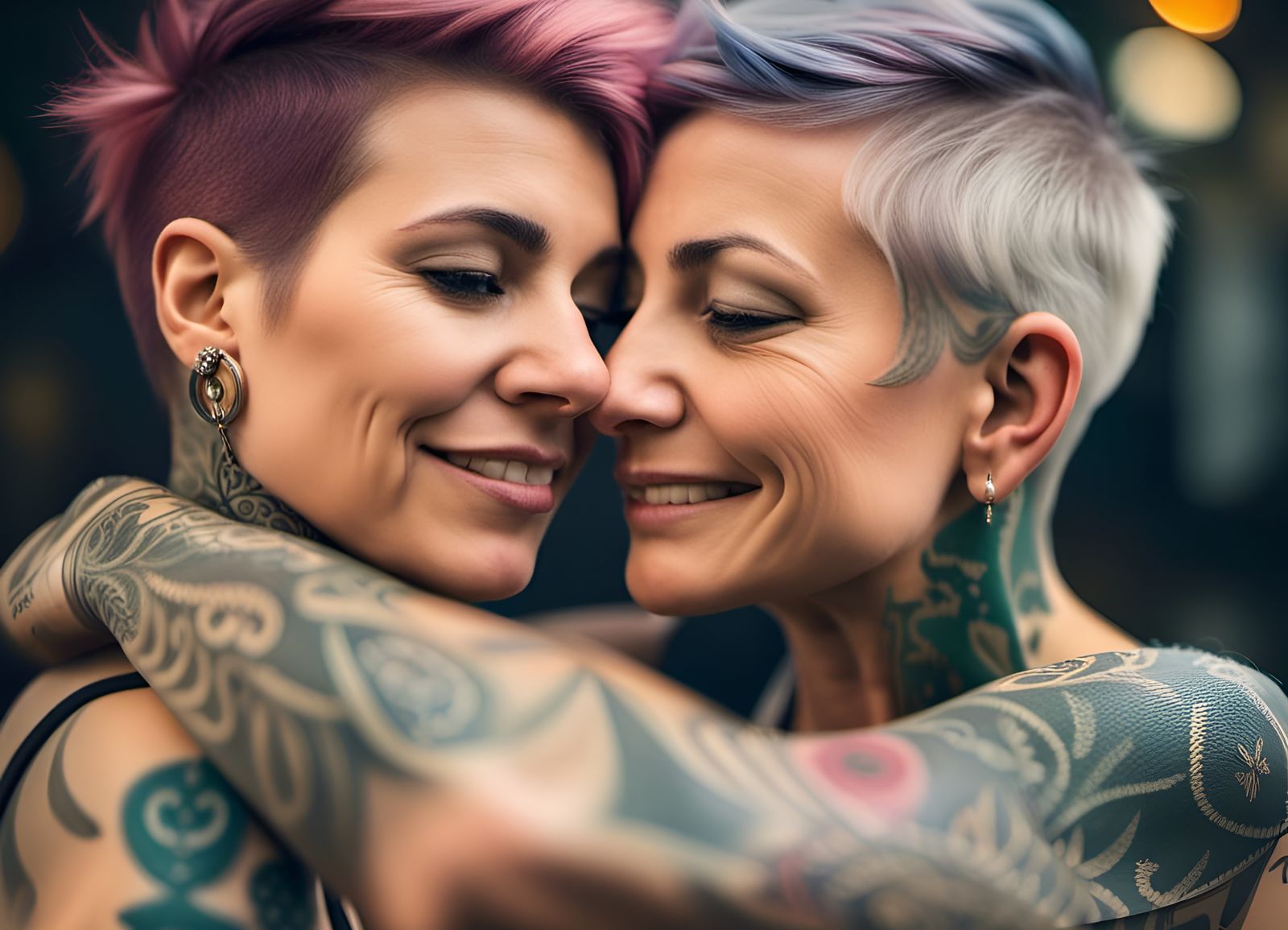 Romantic Tattooed Lesbian Couple Portrait in 8K