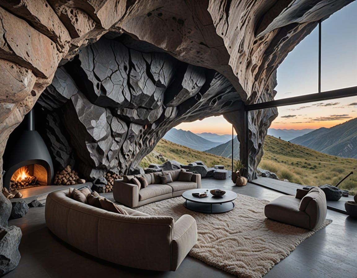 Modern Cave Abode Amidst Majestic Mountain Landscape