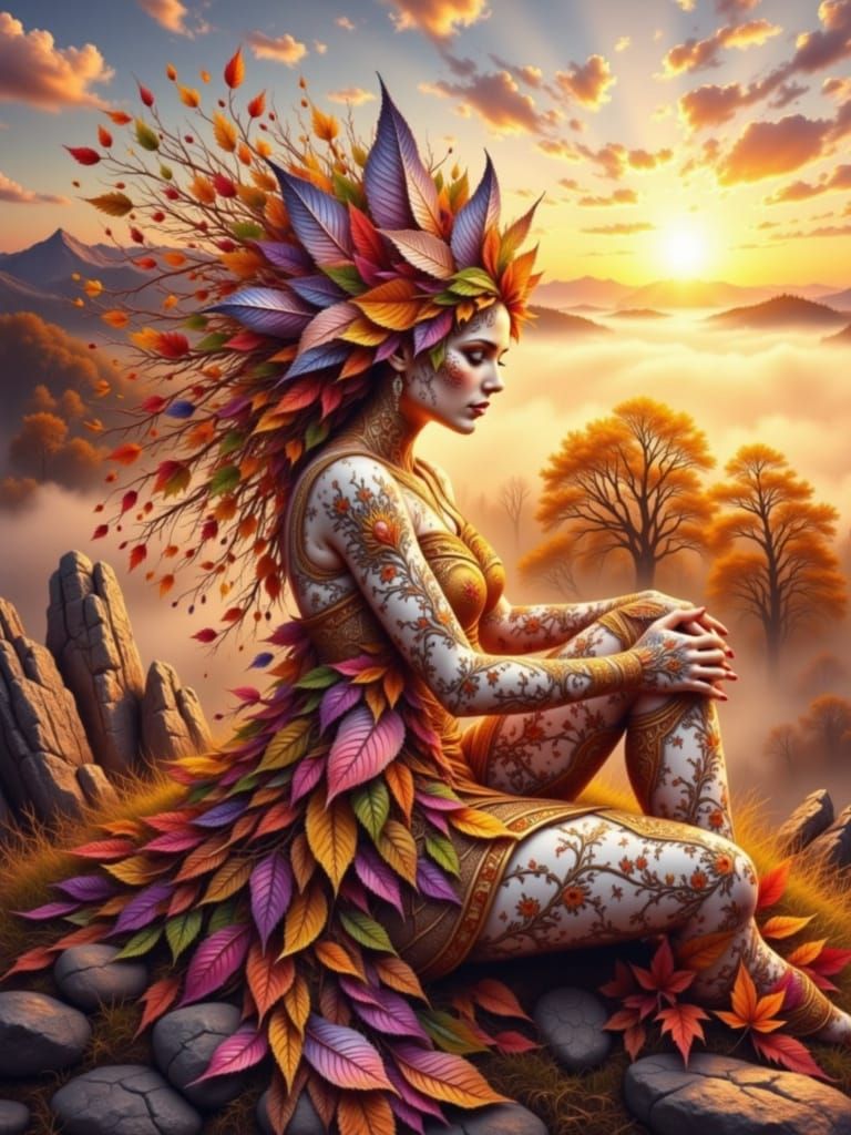 Autumn Goddess Made Of Stone And Leaves With Sunset Sky
