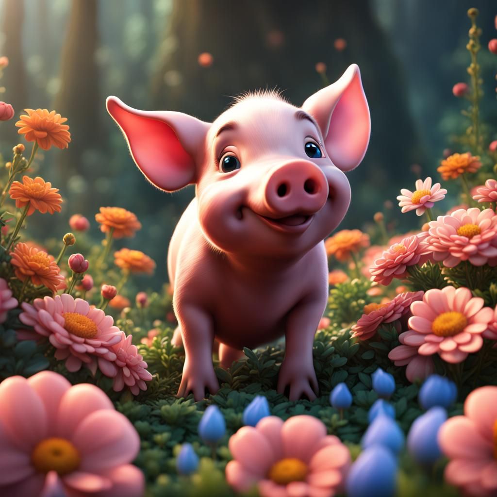 Cute Cartoon Piglet in Bed of Flowers