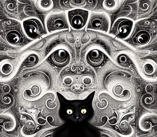 Surreal Black Cat on Fence, Meticulously Detailed