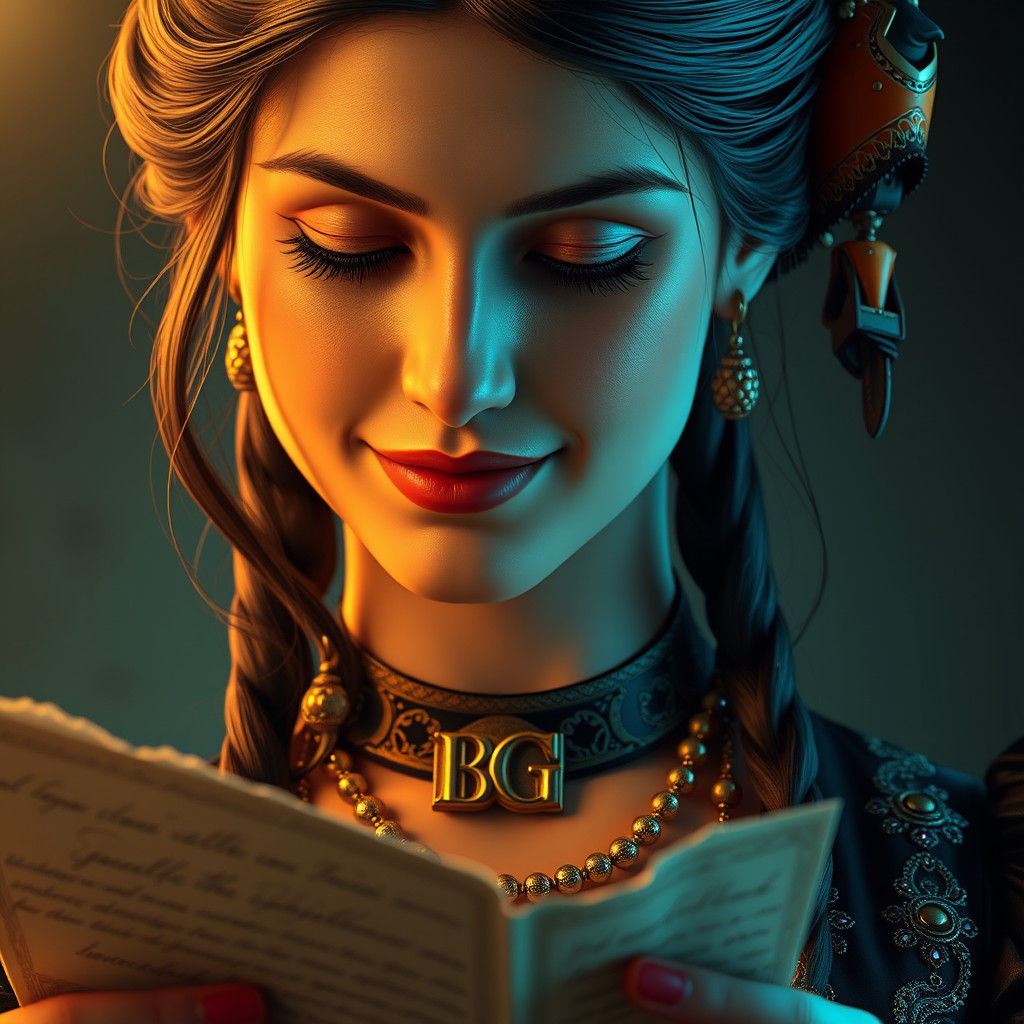 Enigmatic Woman Reads Letter in Hyperrealistic Digital Art
