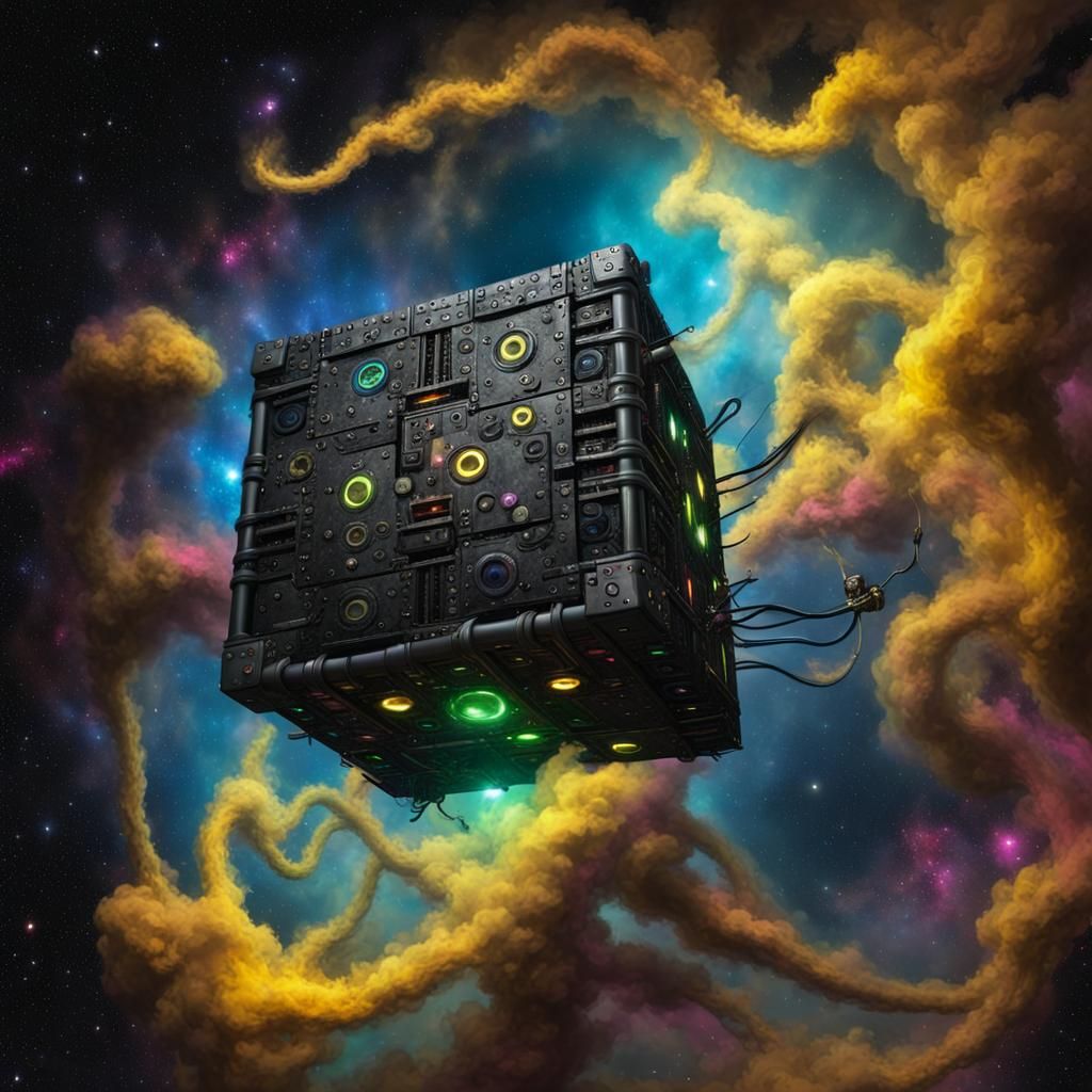 Steampunk Borg Cube in a Colorful Nebula