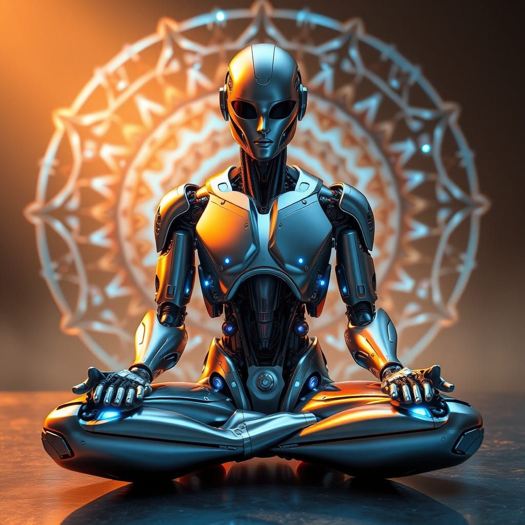Silver Robot Meditates in Futuristic Harmony