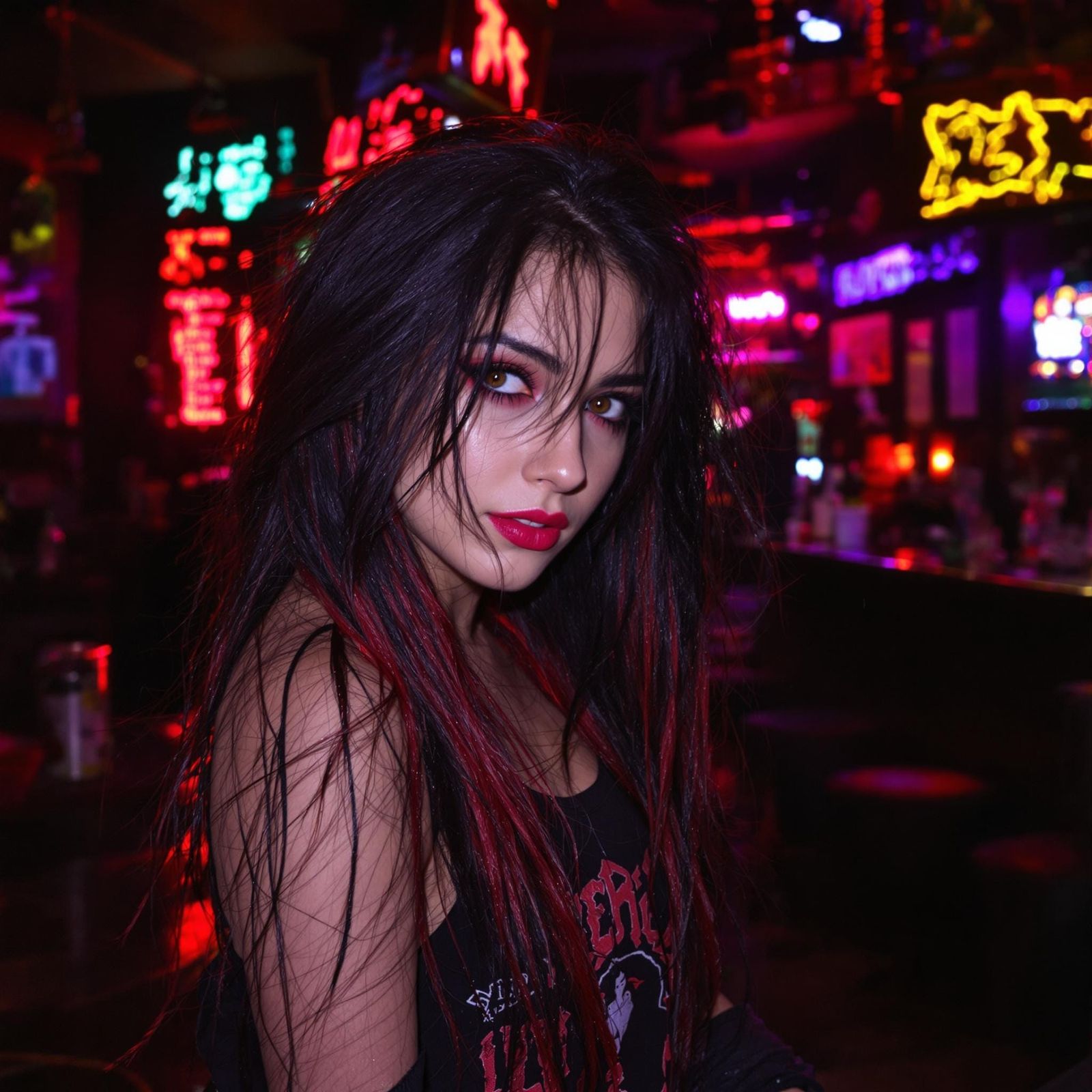 Glowing Lady in Neon Cyberpunk Bar