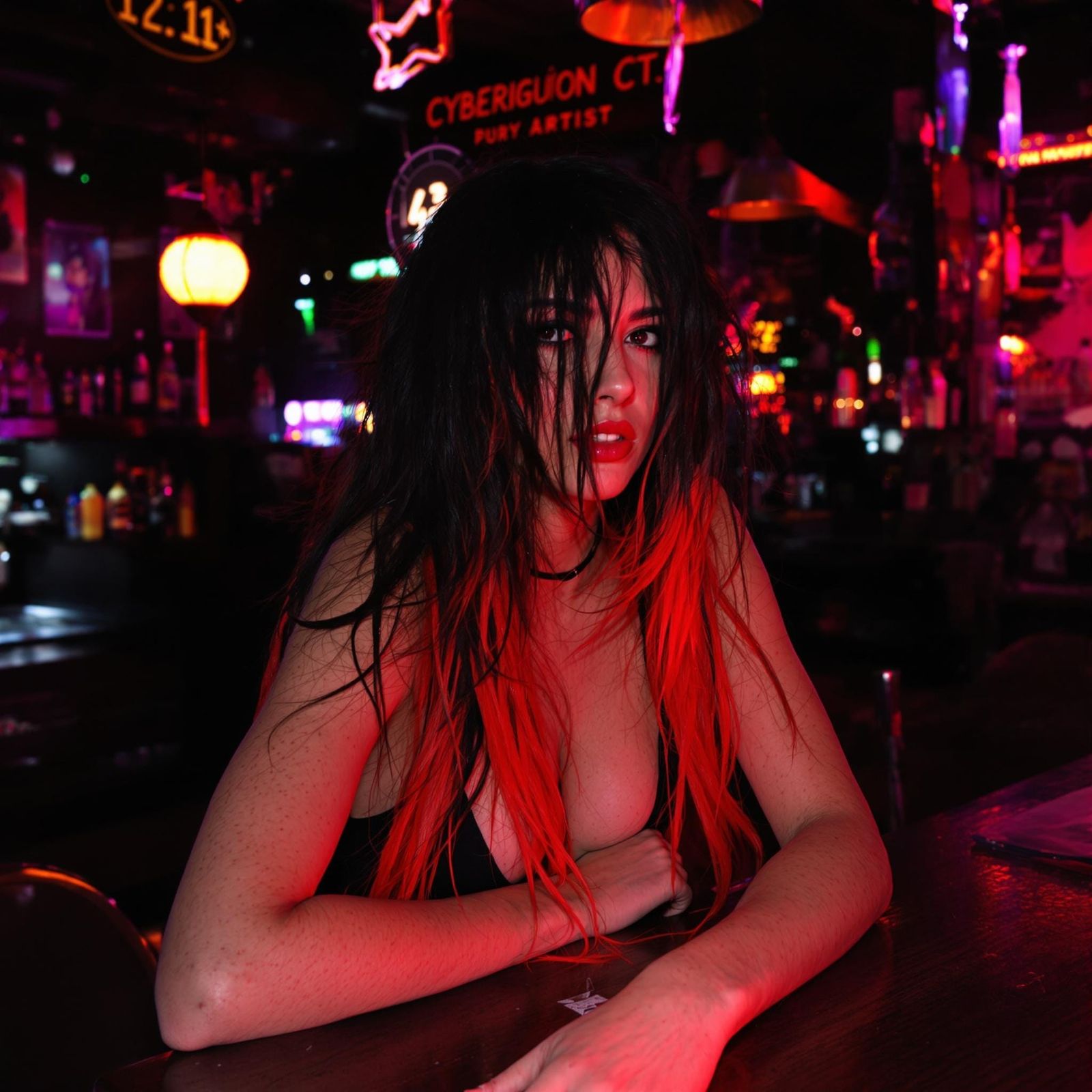 Enchanting Cyberpunk Bar Lady with Red Hair