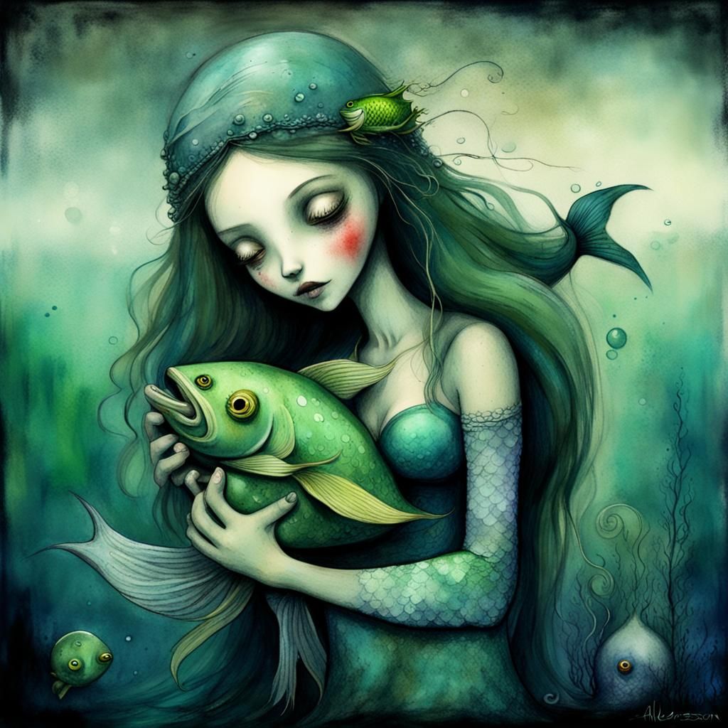 Melancholy Mermaid in Polluted Sea: Dark Fantasy Art