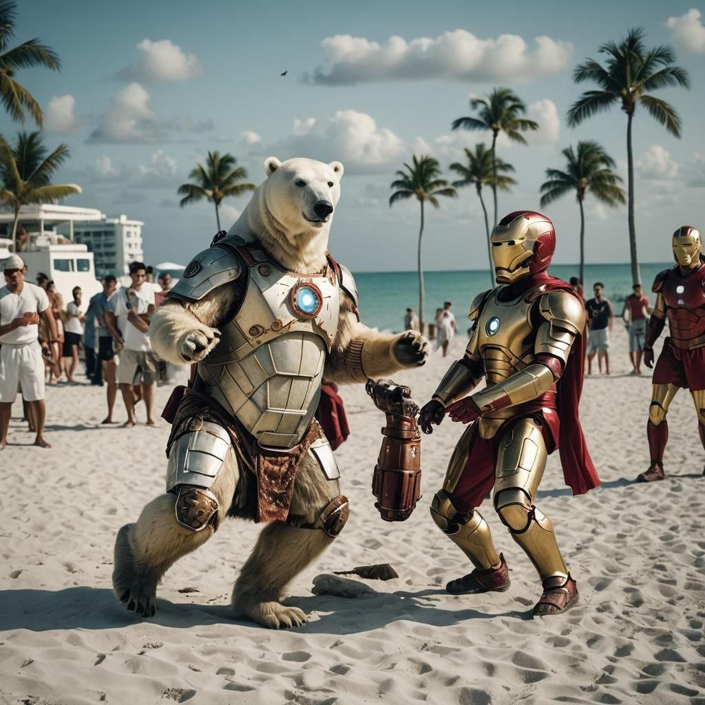 Polar Bear as Iron Man Plays Beach Volleyball