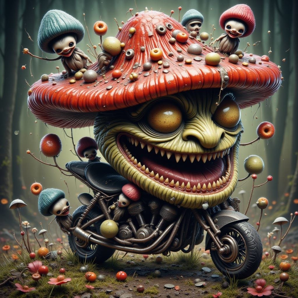 Mushroom Biker on Harley with Plushies, Maximalist Cartoon S...
