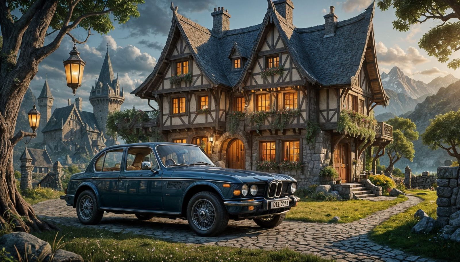 1920s BMW and Elven Cottage in Fantasy Landscape