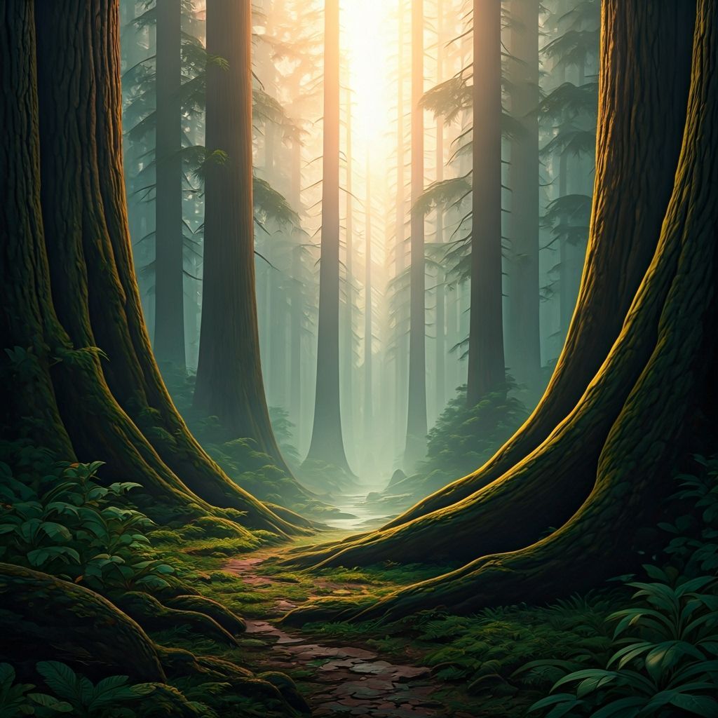 Primordial Forest Dawn Fog in Hyperrealistic Style