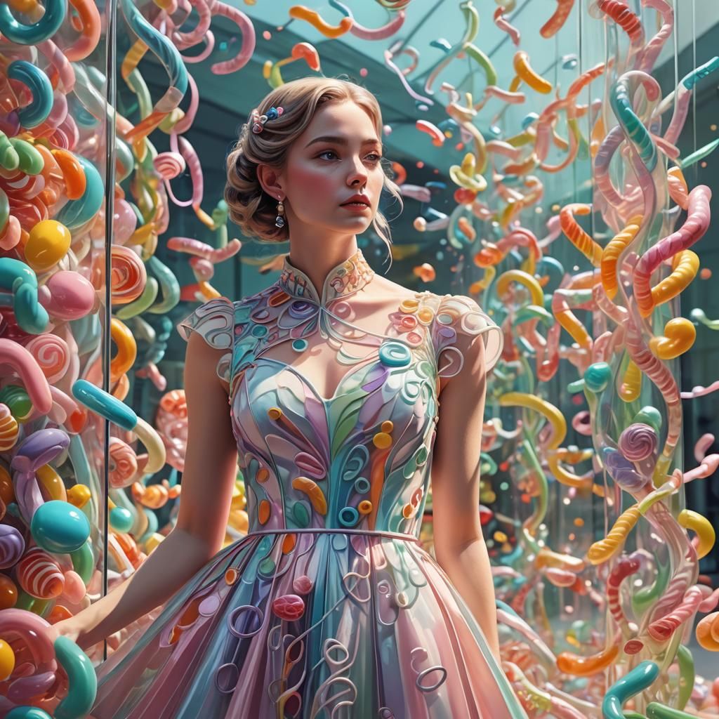 Candy Art: Woman with Colorful Worms in Digital Illustration