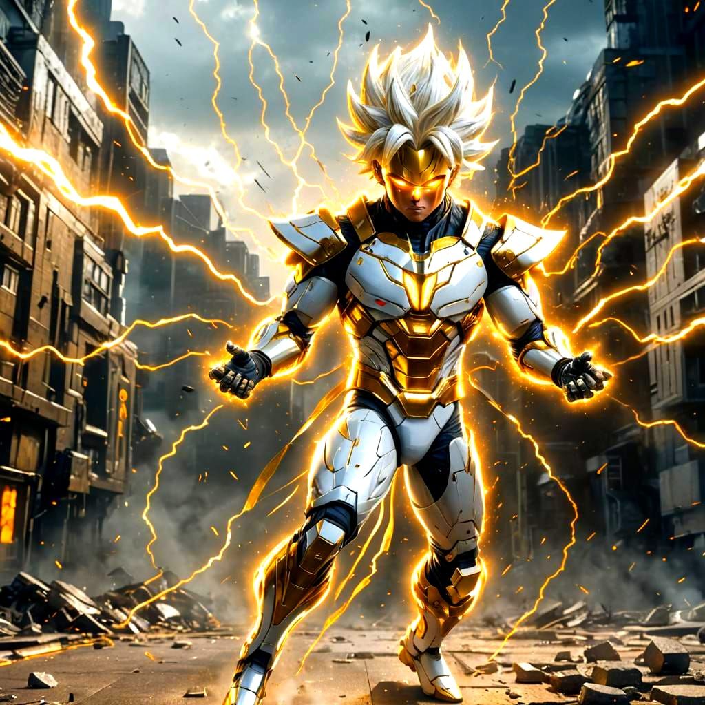 Cybernetic Superhero Transforms with Lightning Aura