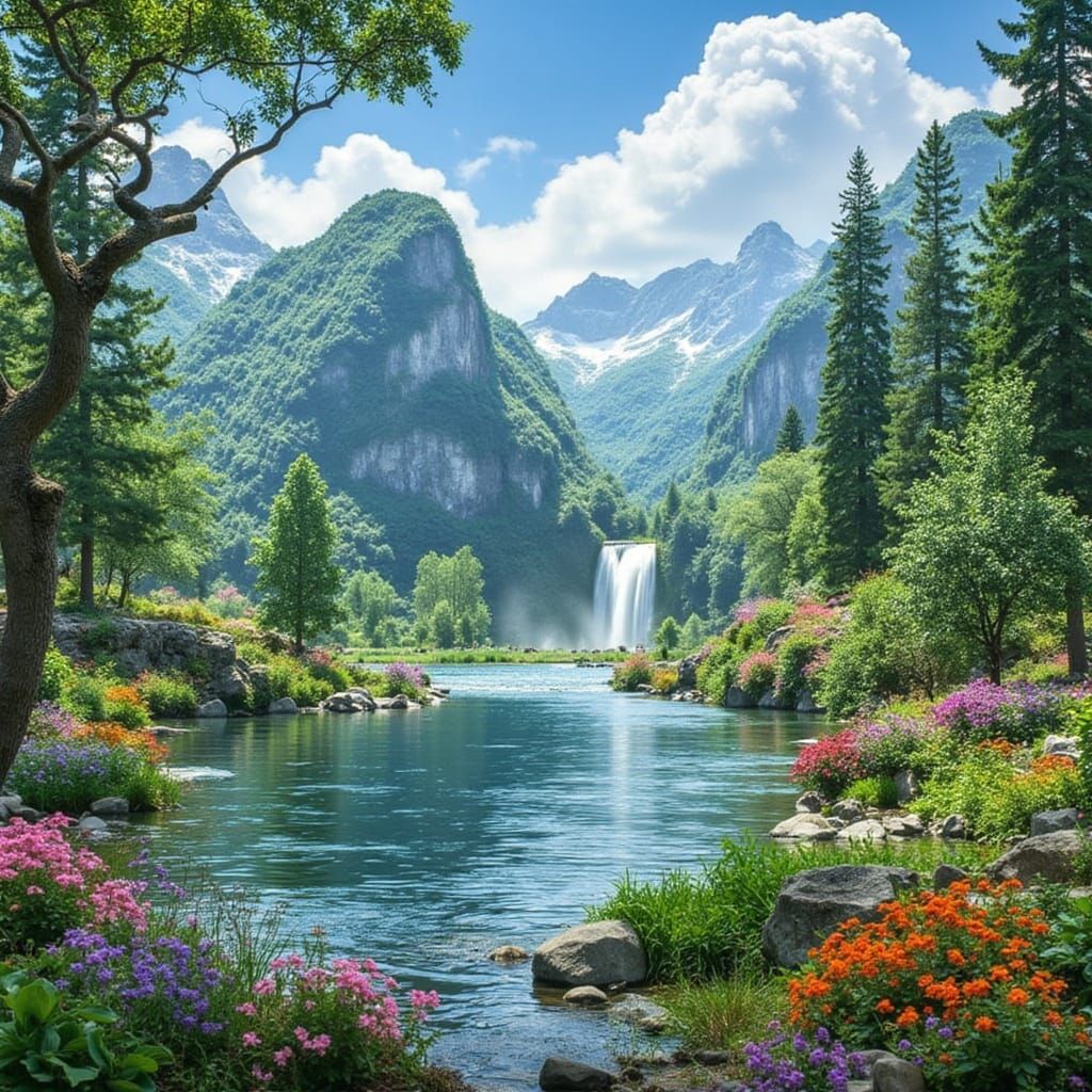 Photorealistic image of a beautiful paradise with beautiful ...