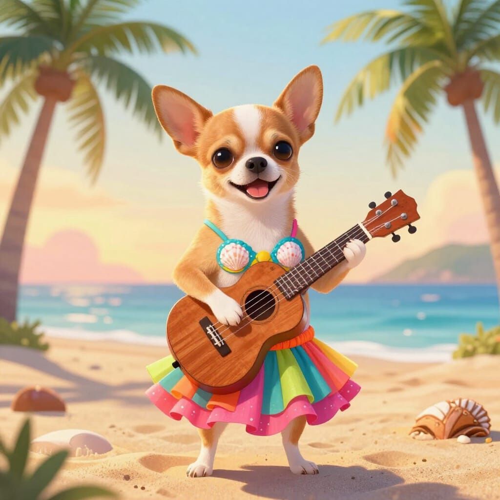 Chihuahua in Hula Skirt on Tropical Beach
