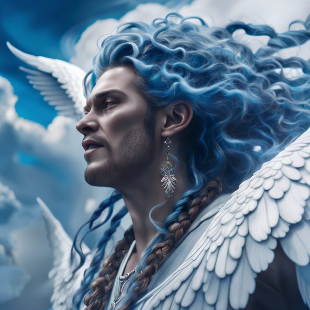 Blue-Haired Angel Singing in Clouds: Fantasy Art