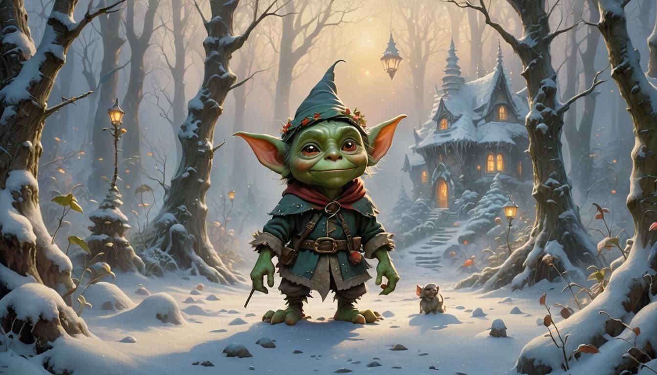 Cute Goblin in a Snowy Fairytale Forest