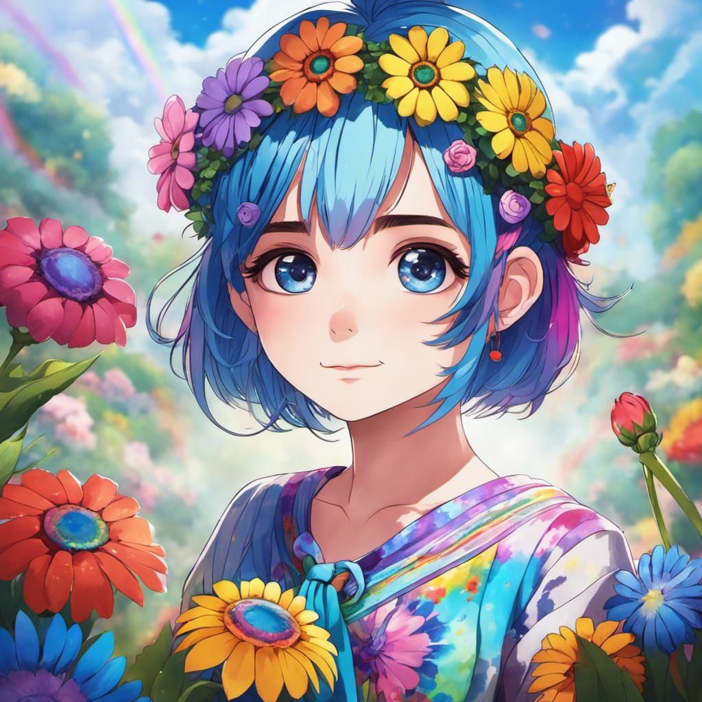 Anime Hippie Girl with Rainbow Eyes and Flowers