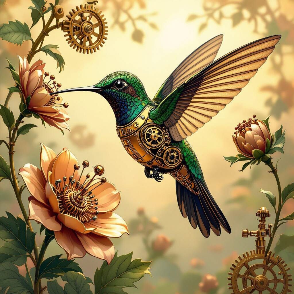 Steampunk Hummingbird in Clockwork Garden