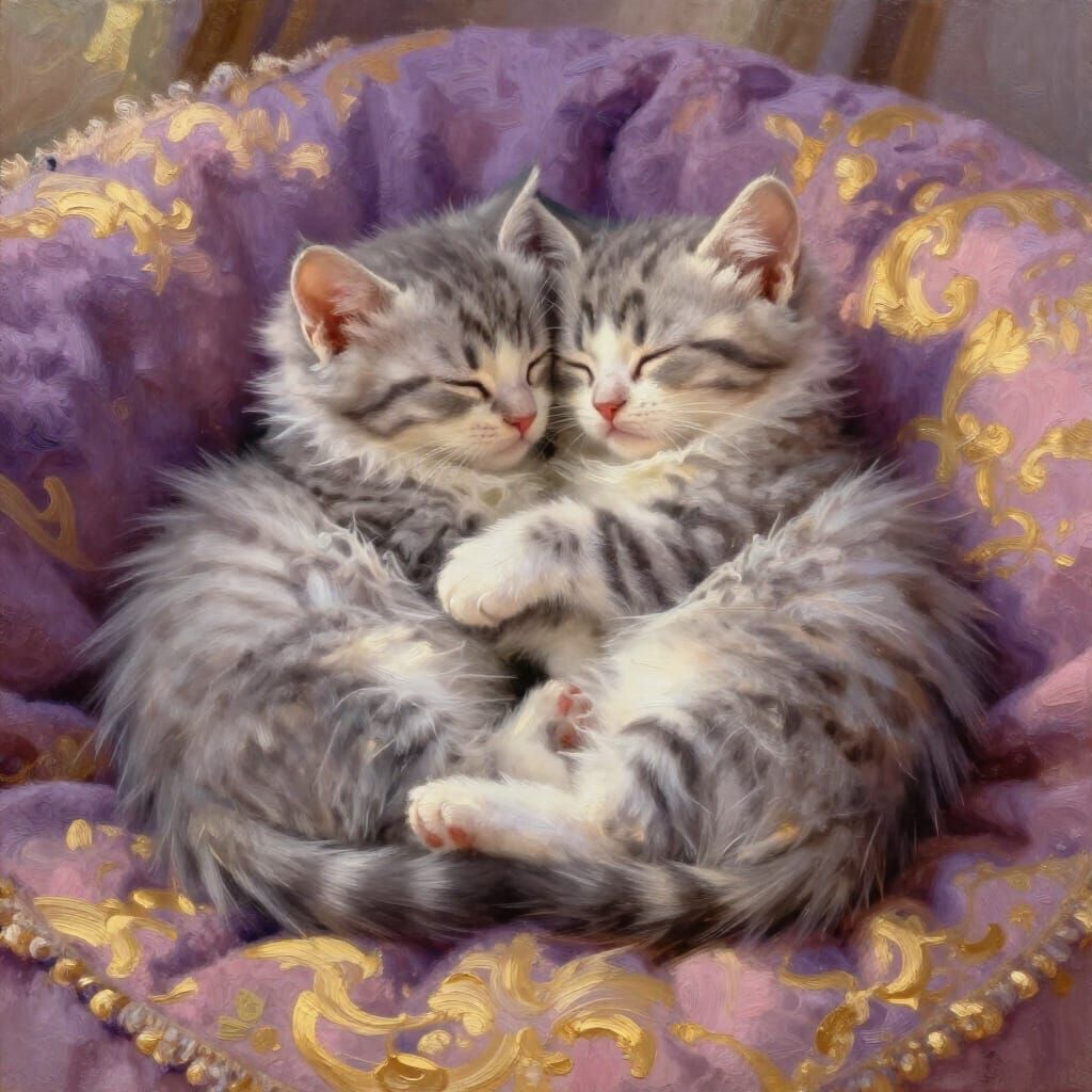 Two Fluffy Kittens Sleeping on a Rug in Golden Sunlight