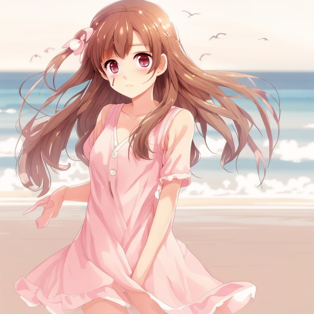 Anime Style: Girl with Freckles on Beach