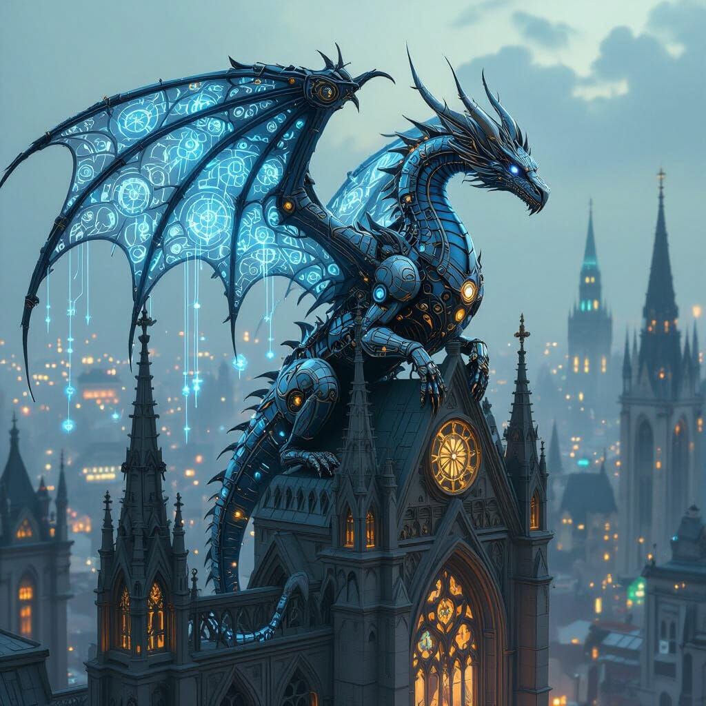 Biomechanical Dragon Perched on Steampunk Cathedral