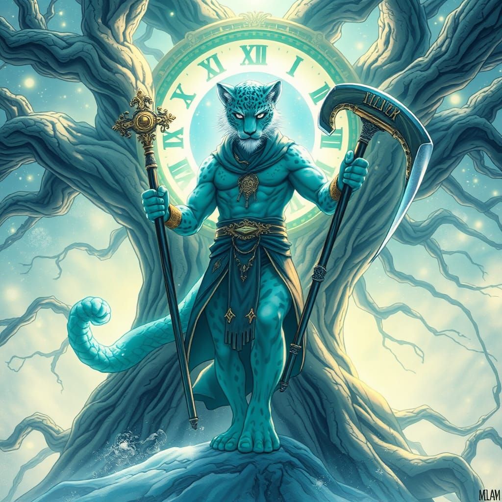 Leopard Man Walking the Tree-Clock of Time in Anime Style
