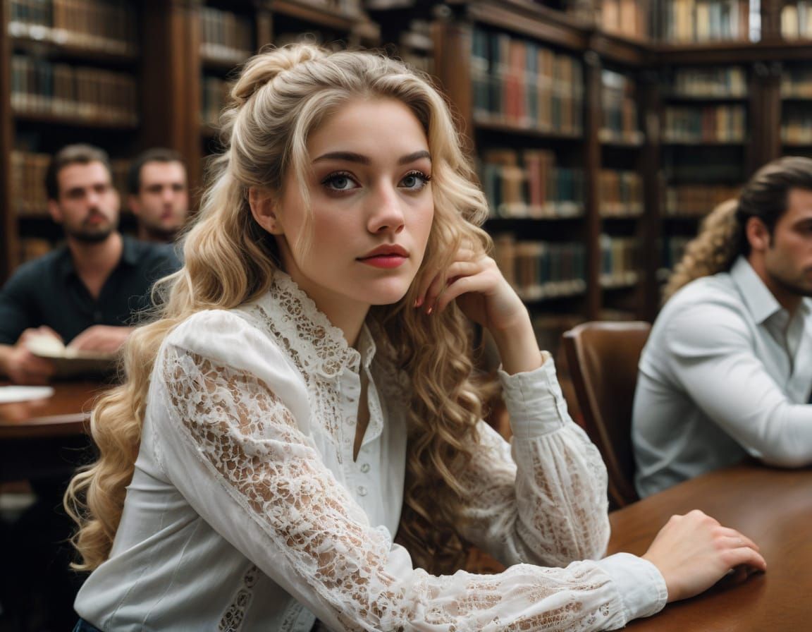 Elegant Young Woman in Luxurious Library Setting