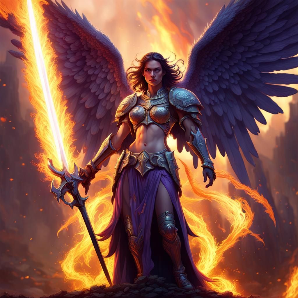 Epic Angel with Flaming Sword in Dark Fantasy Style